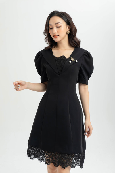 Đầm đen cổ V ráp ren