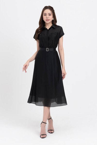 Đầm tencel dáng xòe phối đai